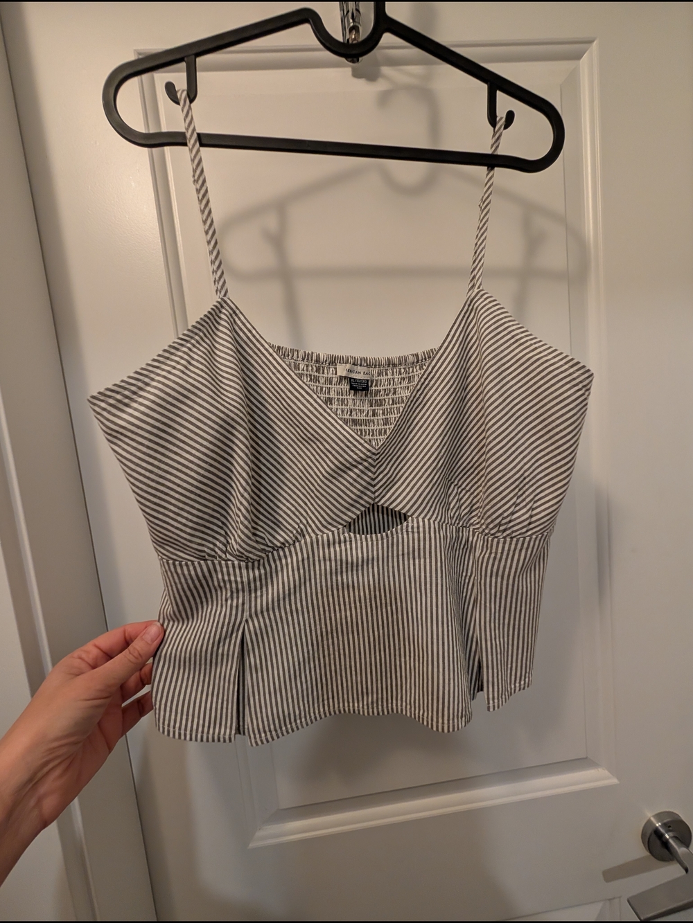 Striped V-Neck Cami Crop Top with Cutout - Grey/White